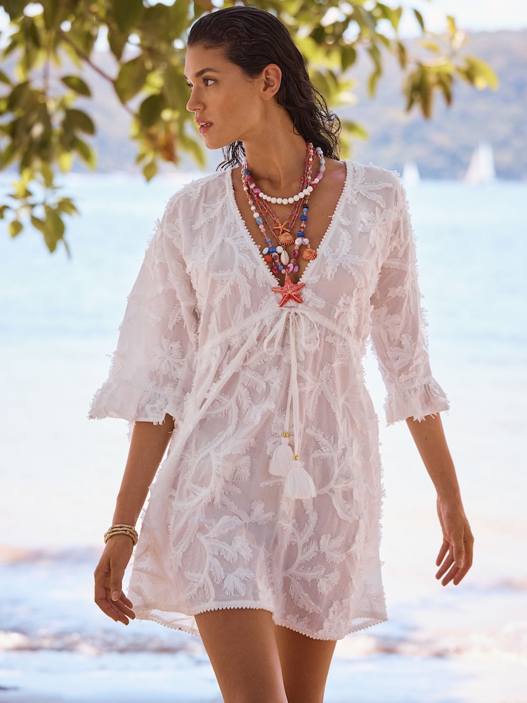 Love & Roses White Palm 3D Tufted Beach Kaftan Coverup - Image 1 of 4