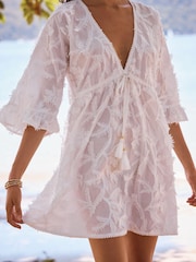 Love & Roses White Palm 3D Tufted Beach Kaftan Coverup - Image 2 of 4
