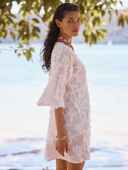 Love & Roses White Palm 3D Tufted Beach Kaftan Coverup - Image 3 of 4