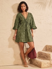 Love & Roses Khaki Green Palm 3D Tufted Beach Kaftan Cover-Up - Image 1 of 4