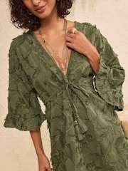 Love & Roses Khaki Green Palm 3D Tufted Beach Kaftan Cover-Up - Image 2 of 4