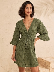 Love & Roses Khaki Green Palm 3D Tufted Beach Kaftan Cover-Up - Image 3 of 4