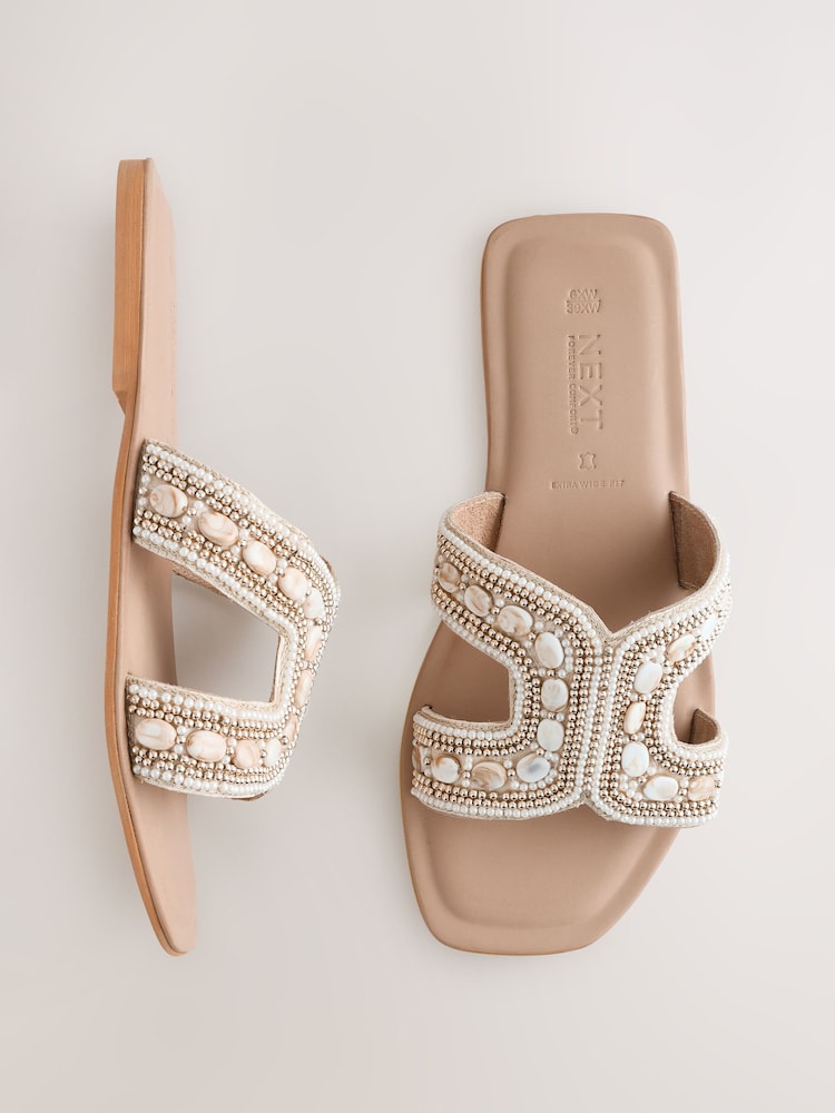 Gold Leather Extra Wide Fit Forever Comfort® Embellished Mules - Image 1 of 5