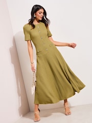 Friends Like These Olive Green Dropped Waist Textured Jersey Maxi Dress - Image 1 of 4