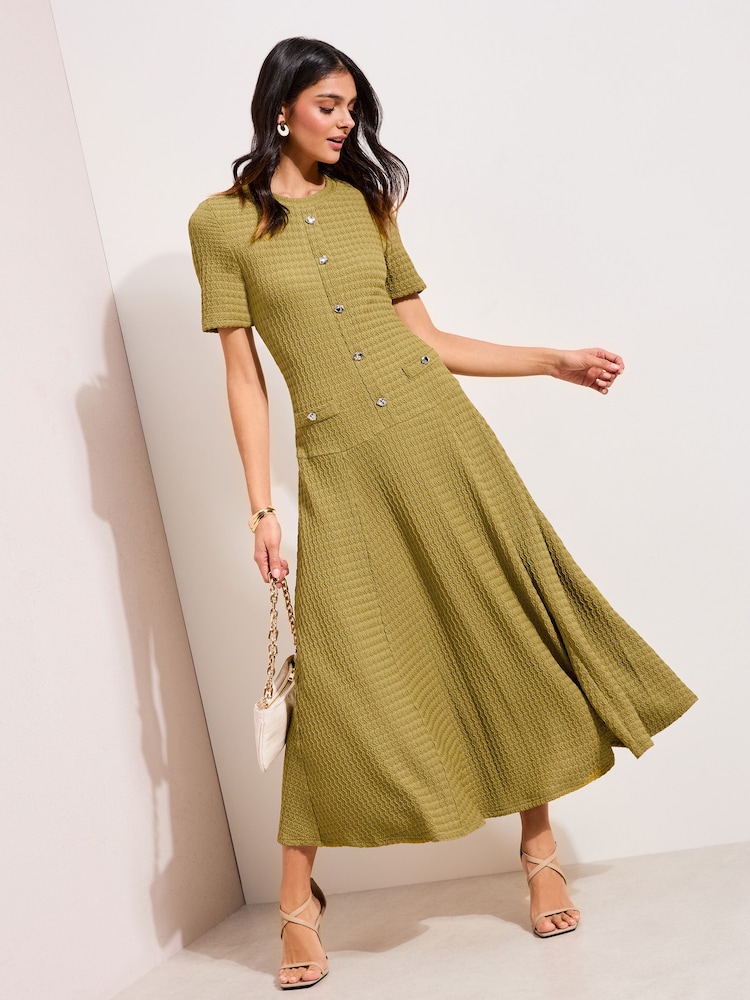 Friends Like These Olive Green Dropped Waist Textured Jersey Maxi Dress - Image 1 of 4