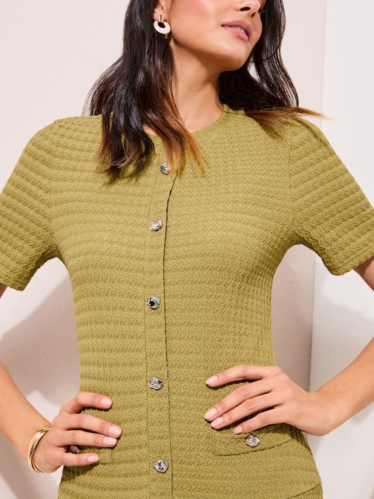 Friends Like These Olive Green Dropped Waist Textured Jersey Maxi Dress - Image 2 of 4