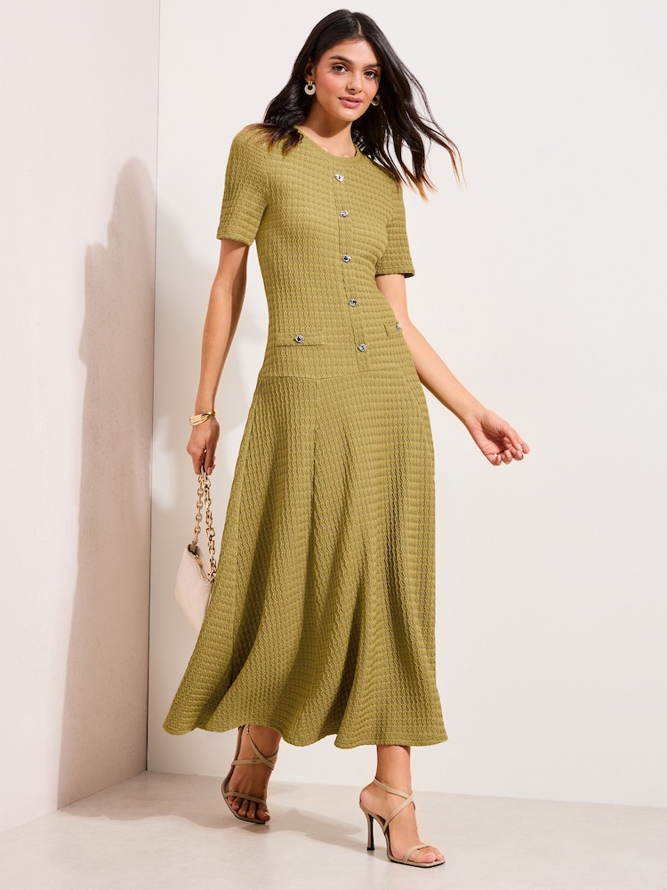 Friends Like These Olive Green Dropped Waist Textured Jersey Maxi Dress - Image 4 of 4