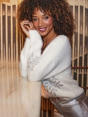Sosandar Cream Fluffy Knit Sequin Snowflake Jumper - Image 5 of 5