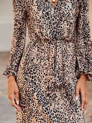 Sosandar Brown Animal Print Knot Front Plisse Dress - Image 3 of 5