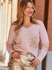 Sosandar Pink Fluffy Knit Sequin Snowflake Jumper - Image 1 of 5