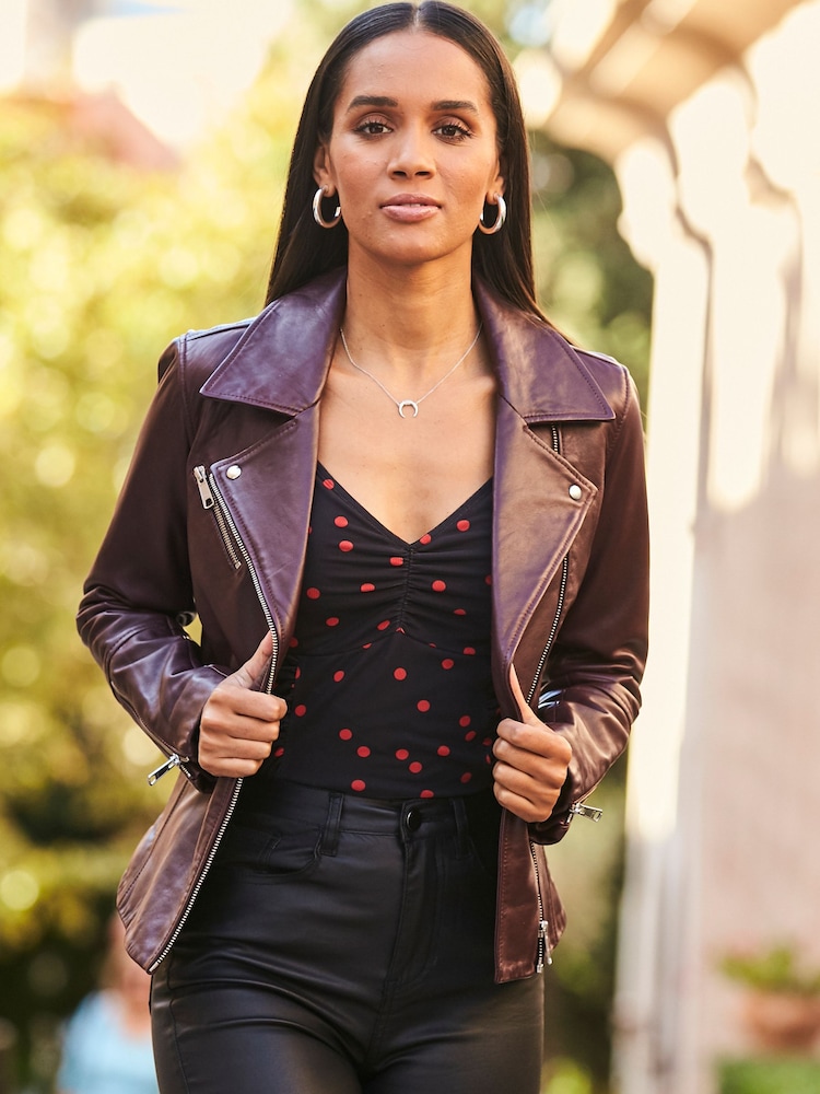 Sosandar Red Leather Biker Jacket - Image 2 of 5 Sosandar Red Leather Biker Jacket - Image 2 of 5