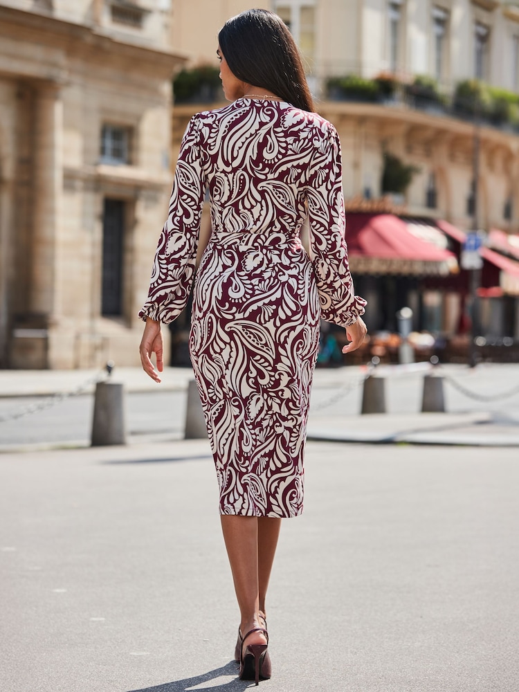 Sosandar Red Paisley Print Faux Wrap Dress - Image 2 of 5 Sosandar Red Paisley Print Faux Wrap Dress - Image 2 of 5
