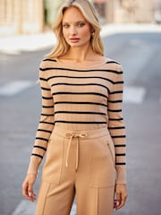 Sosandar Brown Stripe Ribbed Top - Image 1 of 5