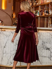 Sosandar Red Velvet Belted Fit & Flare Wrap Dress - Image 2 of 5