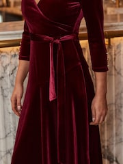 Sosandar Red Velvet Belted Fit & Flare Wrap Dress - Image 3 of 5