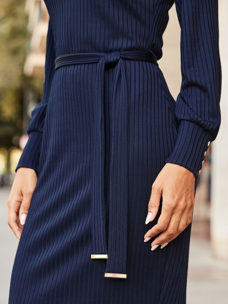 Sosandar Blue Rib Knit Cowl Neck Dress - Image 5 of 5 Sosandar Blue Rib Knit Cowl Neck Dress - Image 5 of 5