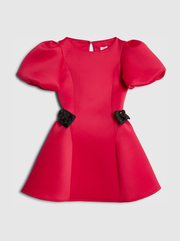River Island Pink Puff Sleeve Bow Scuba Dress - Image 1 of 4