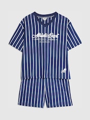 River Island Blue Short Sleeve Stripe Pyjama T-Shirt & Shorts Set - Image 1 of 5