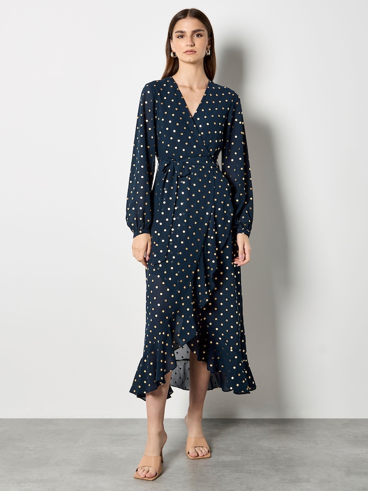 Apricot Blue Foil Polkadot Ruffle Wrap Dress - Image 1 of 4 Apricot Blue Foil Polkadot Ruffle Wrap Dress - Image 1 of 4