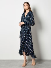 Apricot Blue Foil Polkadot Ruffle Wrap Dress - Image 3 of 4