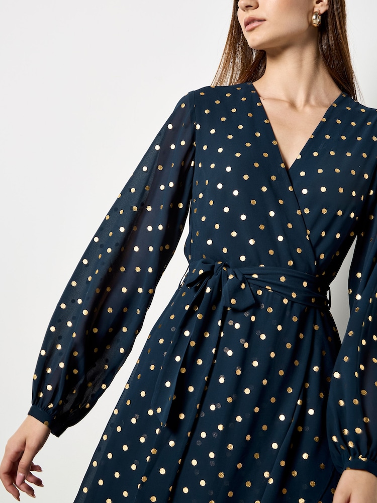 Apricot Blue Foil Polkadot Ruffle Wrap Dress - Image 4 of 4 Apricot Blue Foil Polkadot Ruffle Wrap Dress - Image 4 of 4