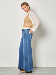 Apricot Brown Floral Suede Embroidered Teddy Gilet - Image 2 of 4