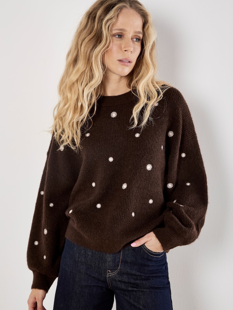 Apricot Brown Daisy Embroidered Ribbed Jumper - Image 1 of 4 Apricot Brown Daisy Embroidered Ribbed Jumper - Image 1 of 4