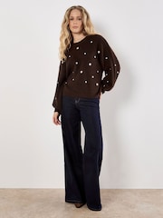 Apricot Brown Daisy Embroidered Ribbed Jumper - Image 2 of 4