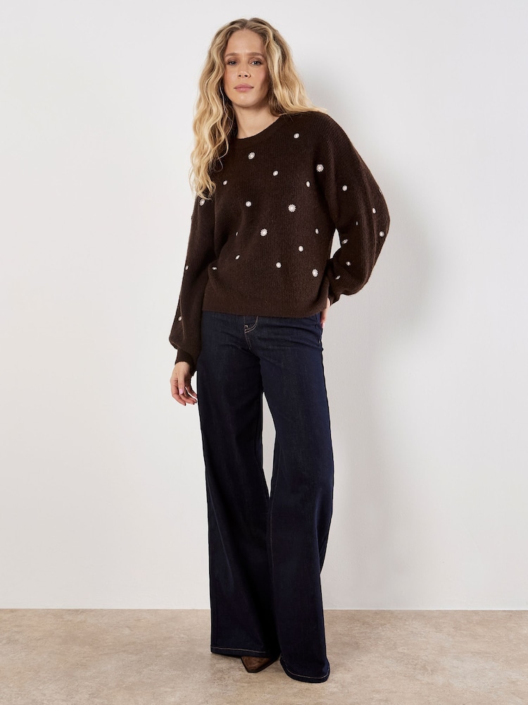 Apricot Brown Daisy Embroidered Ribbed Jumper - Image 2 of 4 Apricot Brown Daisy Embroidered Ribbed Jumper - Image 2 of 4