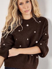 Apricot Brown Daisy Embroidered Ribbed Jumper - Image 3 of 4