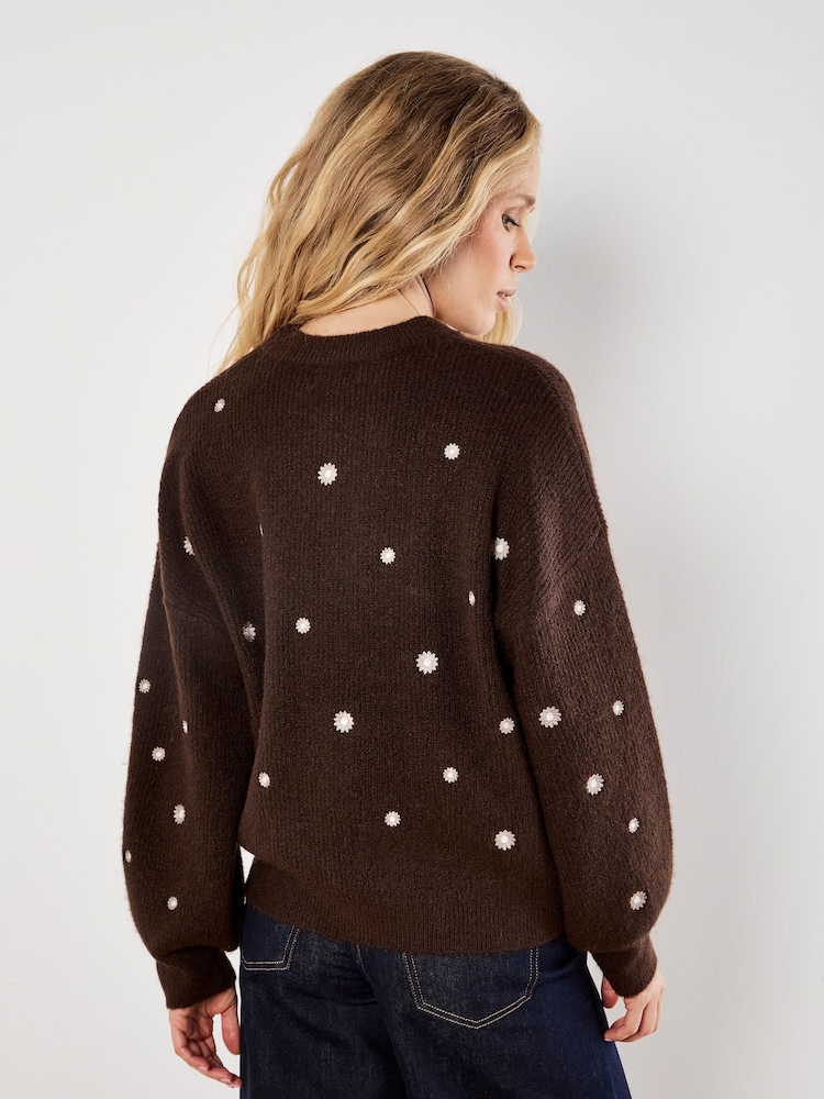 Apricot Brown Daisy Embroidered Ribbed Jumper - Image 4 of 4 Apricot Brown Daisy Embroidered Ribbed Jumper - Image 4 of 4