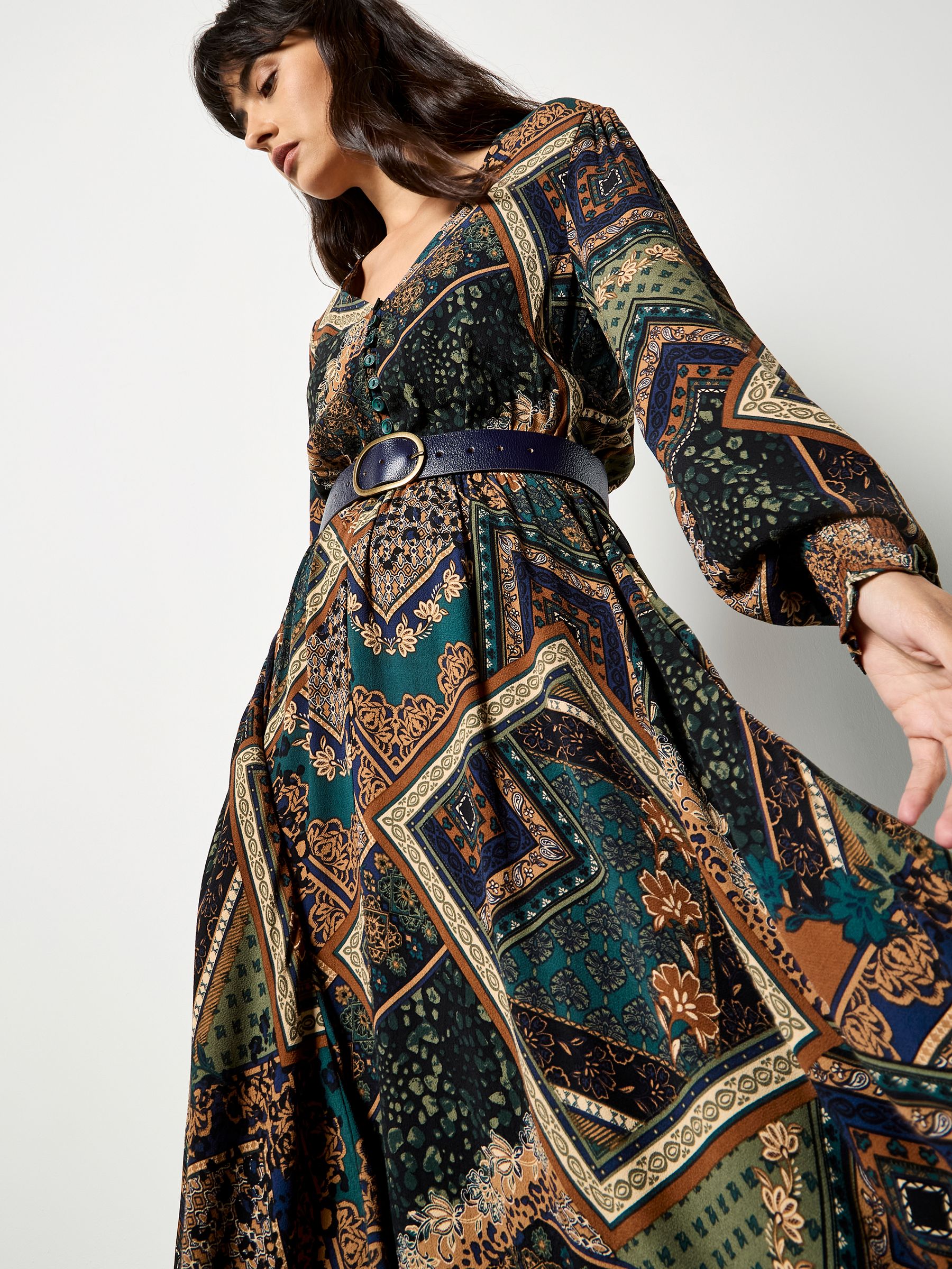 Buy Apricot Green Patchwork Print Volume Sleeve Dress from the