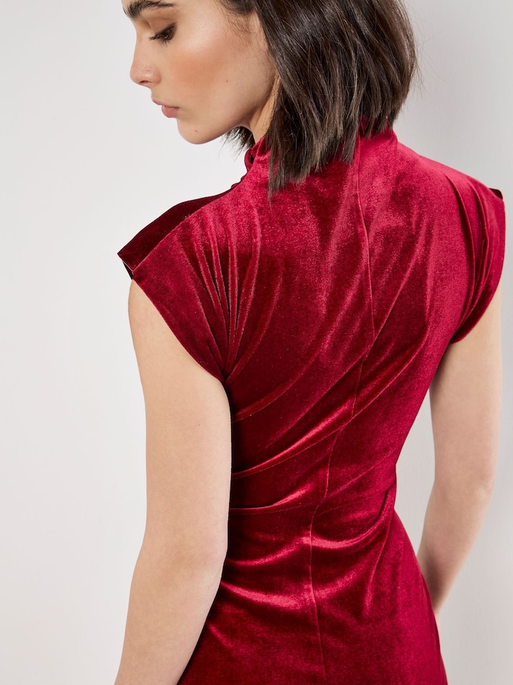 Apricot Red Velvet Cowl Neck Ruched Dress - Image 4 of 4 Apricot Red Velvet Cowl Neck Ruched Dress - Image 4 of 4