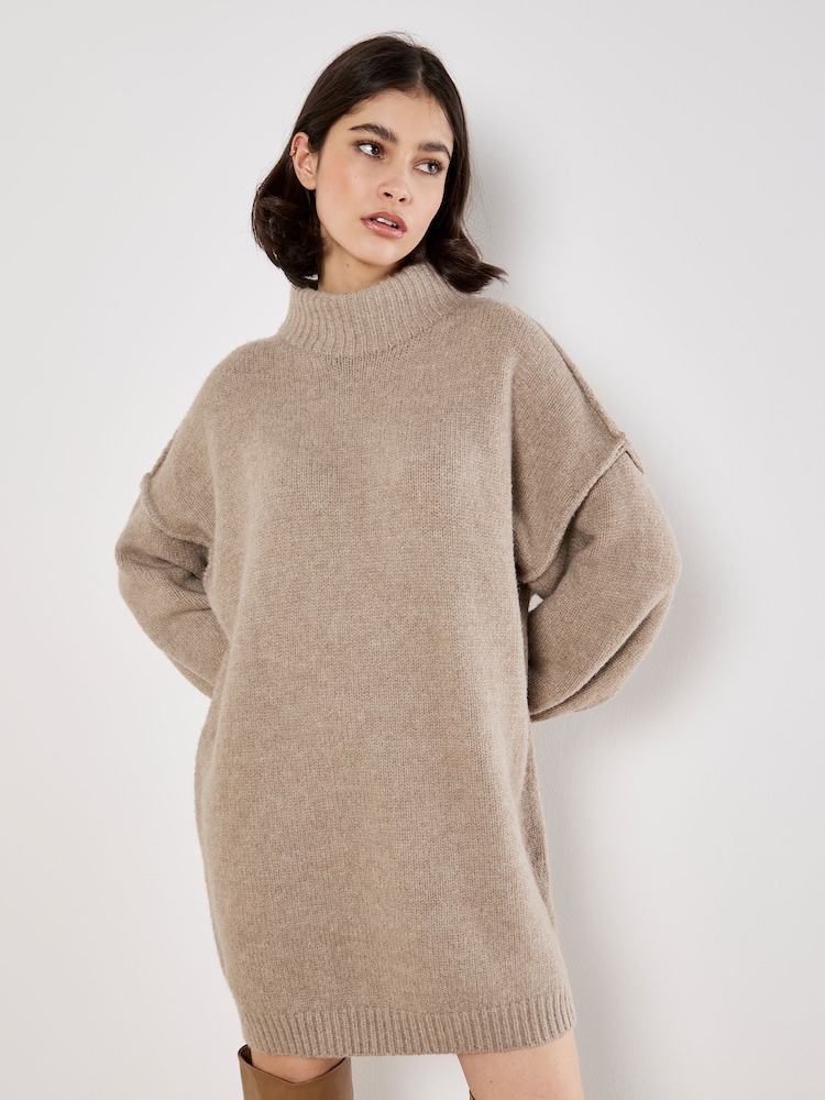 Apricot Natural Fuzzy Oversized Mock Neck Jumper Dress - Image 1 of 6