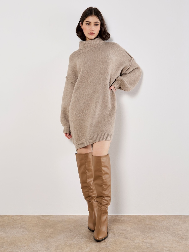 Apricot Natural Fuzzy Oversized Mock Neck Jumper Dress - Image 2 of 6