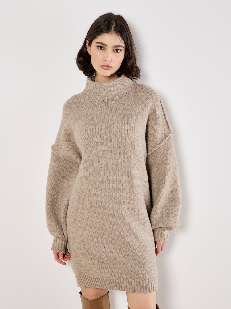 Apricot Natural Fuzzy Oversized Mock Neck Jumper Dress - Image 6 of 6