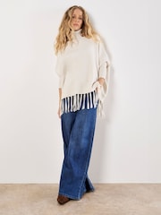 Apricot Cream Roll Neck Fringe Poncho Jumper - Image 2 of 4