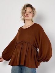 Apricot Brown Waffle Babydoll Oversized Blouse - Image 1 of 4