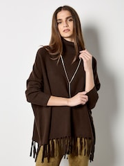 Apricot Brown Roll Neck Fringe Poncho Jumper - Image 2 of 4