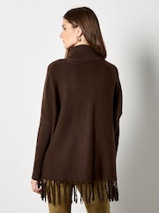 Apricot Brown Roll Neck Fringe Poncho Jumper - Image 3 of 4
