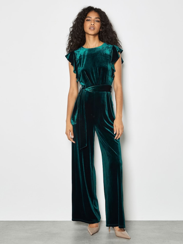 Apricot Green Velvet Ruffle Sleeve Jumpsuit - Image 2 of 4 Apricot Green Velvet Ruffle Sleeve Jumpsuit - Image 2 of 4