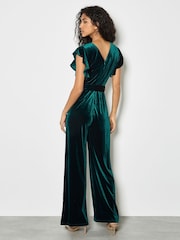 Apricot Green Velvet Ruffle Sleeve Jumpsuit - Image 4 of 4