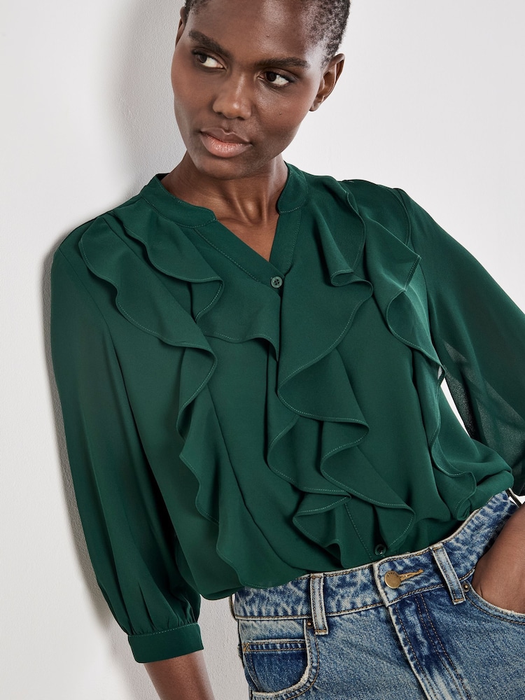 Apricot Green Ruffle Front Chiffon Blouse - Image 5 of 5 Apricot Green Ruffle Front Chiffon Blouse - Image 5 of 5