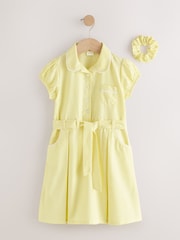 Yellow Cotton Rich Belted School Dress with Scrunchie (3-14yrs) - Image 6 of 9