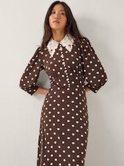 Monsoon Brown Paris Polka Dot Jersey Midi Dress - Image 1 of 4