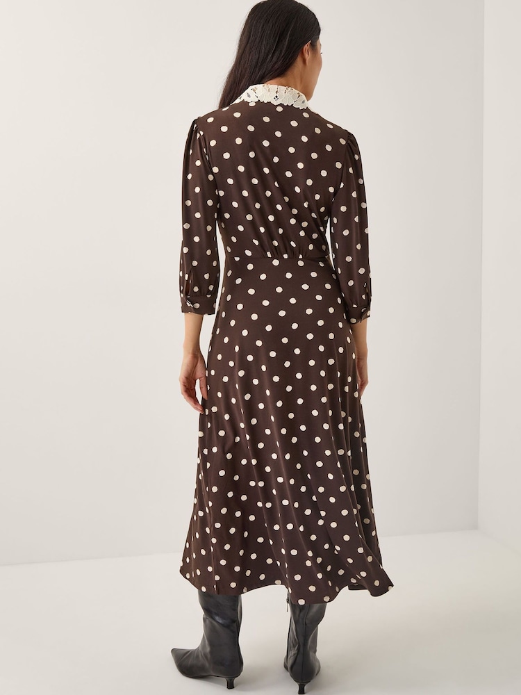 Monsoon Brown Paris Polka Dot Jersey Midi Dress - Image 2 of 4