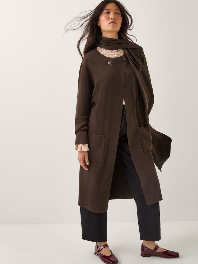 Monsoon Brown Santi Longline Cardigan & Scarf - Image 1 of 4 Monsoon Brown Santi Longline Cardigan & Scarf - Image 1 of 4