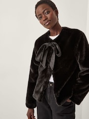 Monsoon Black Farah Bow Faux Fur Jacket - Image 1 of 5