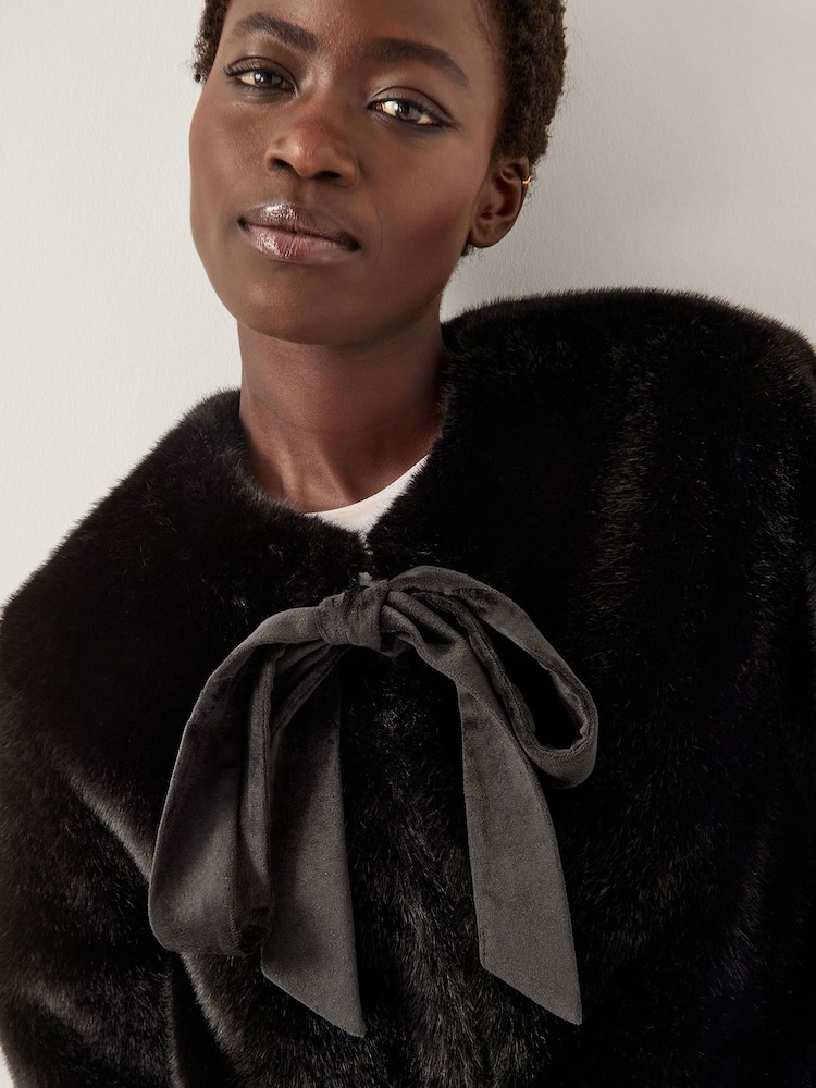 Monsoon Black Farah Bow Faux Fur Jacket - Image 5 of 5