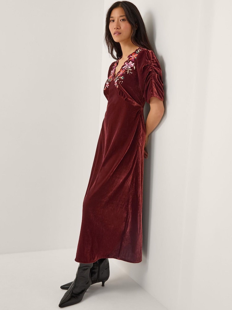 Monsoon Brown Josie Floral Embroidered Velvet Midi Dress - Image 2 of 4 Monsoon Brown Josie Floral Embroidered Velvet Midi Dress - Image 2 of 4
